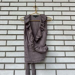 Repeat Ruffle Wrap Sleeveless Top XS Taupe Ramie Tie Waist Blouse Boho Chic